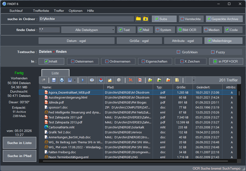 Findit 6: 201 Treffer mit allen Dateitypen