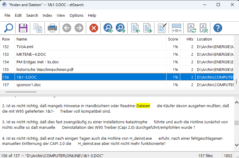 DtSearch: 157 hits without Container mode