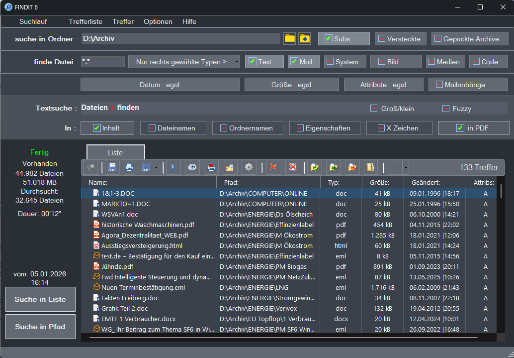 Findit 6: 133 hits without email attachments and ZIPs